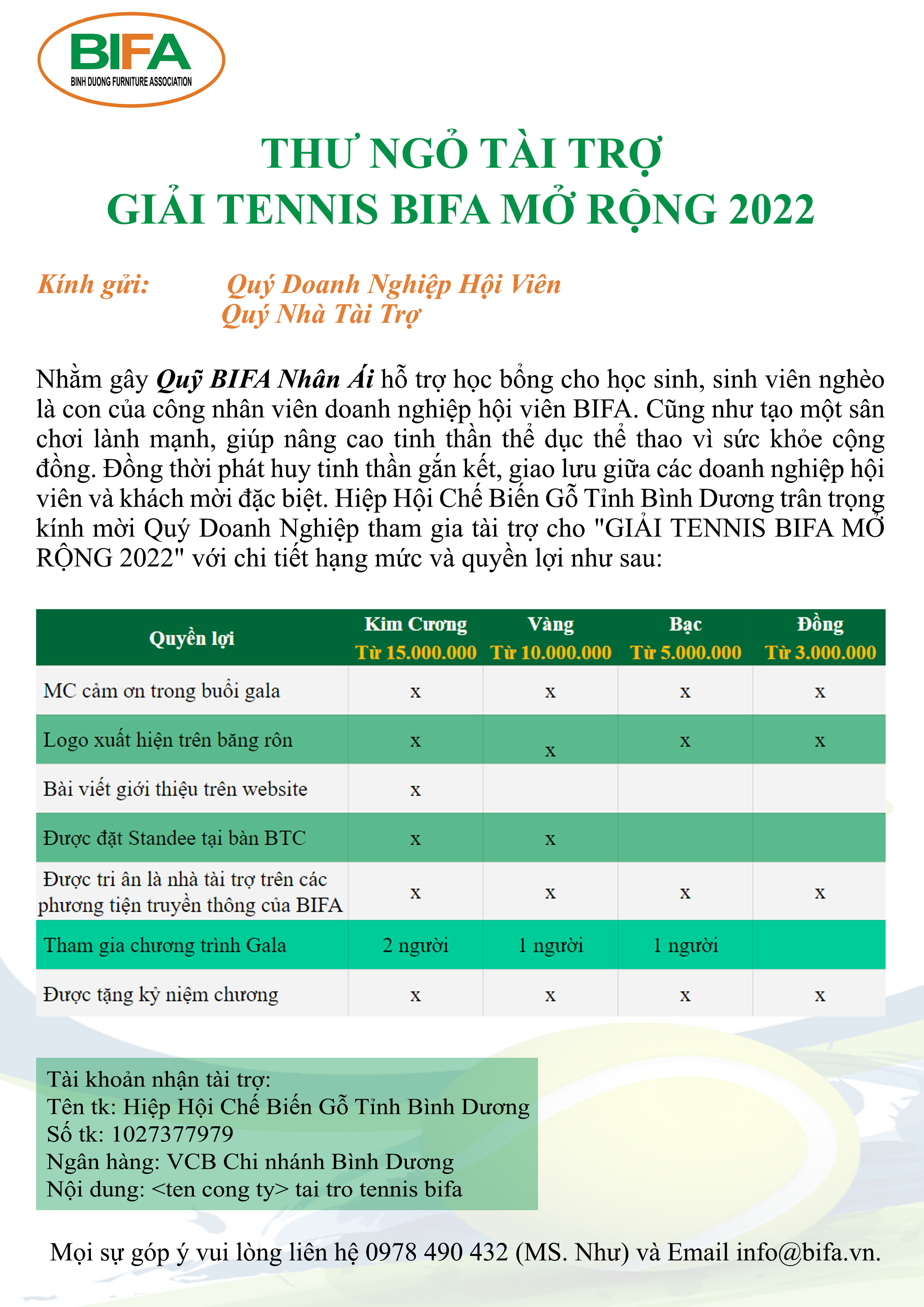 THƯ NGỎ TÀI TRỢ GIẢI TENNIS BIFA MỞ RỘNG 2022