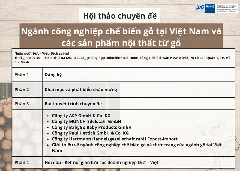 Hội thảo chuyên đề và Kết nối Doanh nghiệp Đức – Việt: Ngành CN chế biến gỗ tại VN và các sản phẩm nội thất từ gỗ