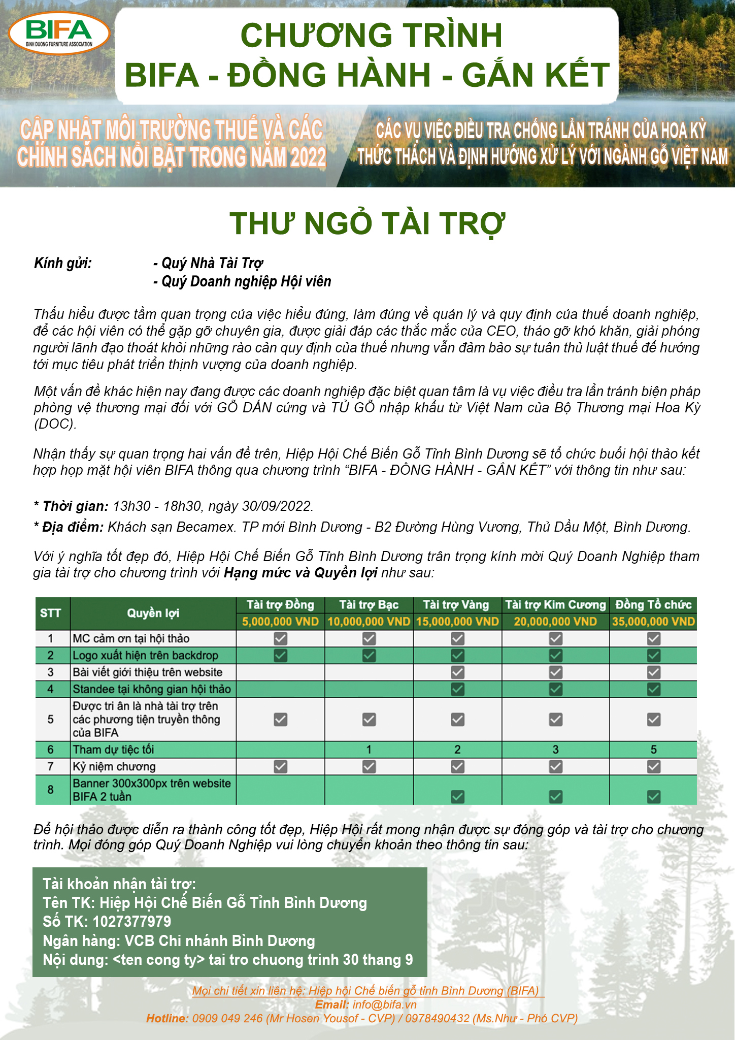 THƯ NGỎ TÀI TRỢ CHƯƠNG TRÌNH "BIFA - ĐỒNG HÀNH - GẮN KẾT"