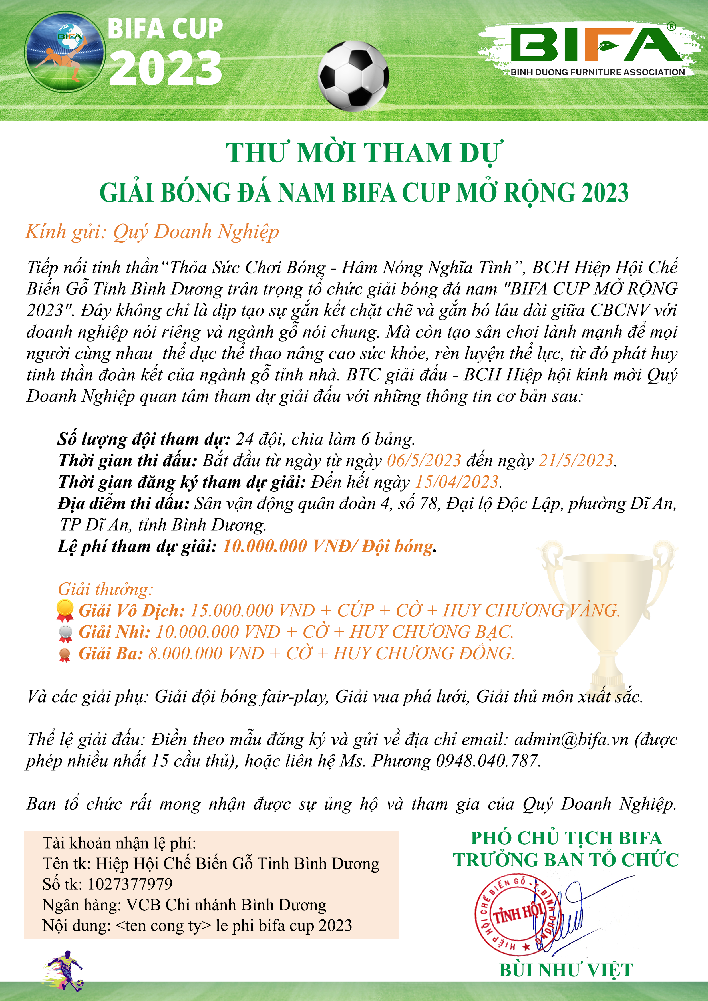 THƯ MỜI THAM DỰ GIẢI BÓNG ĐÁ BIFA CUP MỞ RỘNG 2023