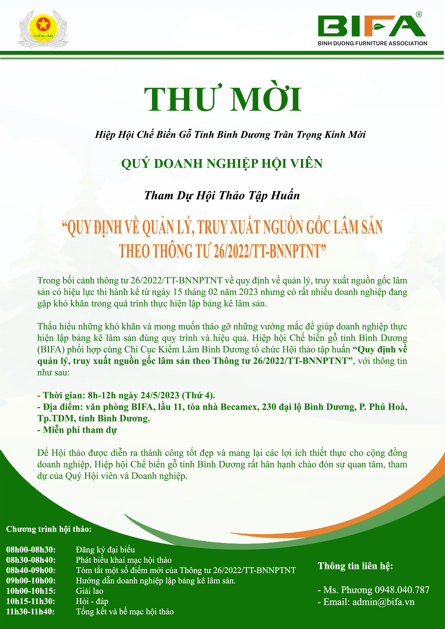 THƯ MỜI THAM DỰ HỘI THẢO TẬP HUẤN “QUY ĐỊNH VỀ QUẢN LÝ, TRUY XUẤT NGUỒN GỐC LÂM SẢN THEO THÔNG TƯ 26/2022/TT-BNNPTNT”