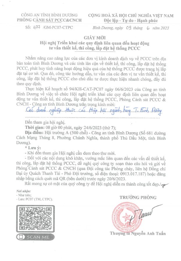 [HỖ TRỢ TRUYỀN THÔNG] THƯ MỜI HỘI NGHỊ TRIỂN KHAI CÁC QUY ĐỊNH LIÊN QUAN ĐẾN HOẠT ĐỘNG TƯ VẤN THIẾT KẾ, THI CÔNG, LẮP ĐẶT HỆ THỐNG PCCC