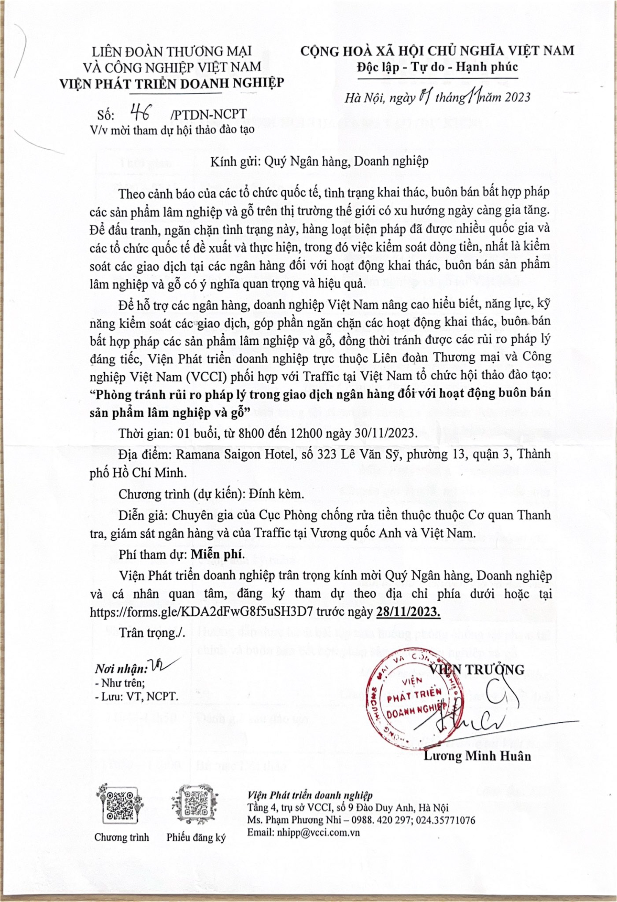 [HỖ TRỢ TRUYỀN THÔNG] THƯ MỜI THAM GIA HỘI THẢO ĐÀO TẠO: “PHÒNG TRÁNH RỦI RO PHÁP LÝ TRONG GIAO DỊCH NGÂN HÀNG ĐỐI VỚI HOẠT ĐỘNG BUÔN BÁN SẢN PHẨM LÂM NGHIỆP VÀ GỖ”