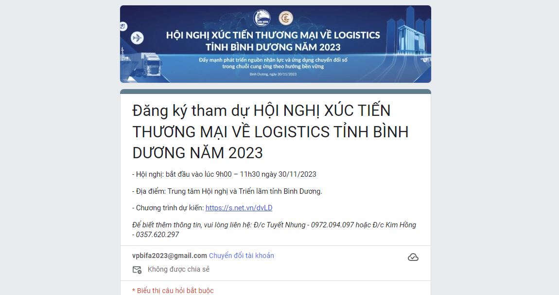 [HỖ TRỢ TRUYỀN THÔNG] ĐĂNG KÝ THAM DỰ HỘI NGHỊ XÚC TIẾN THƯƠNG MẠI VỀ LOGISTICS TỈNH BÌNH DƯƠNG NĂM 2023