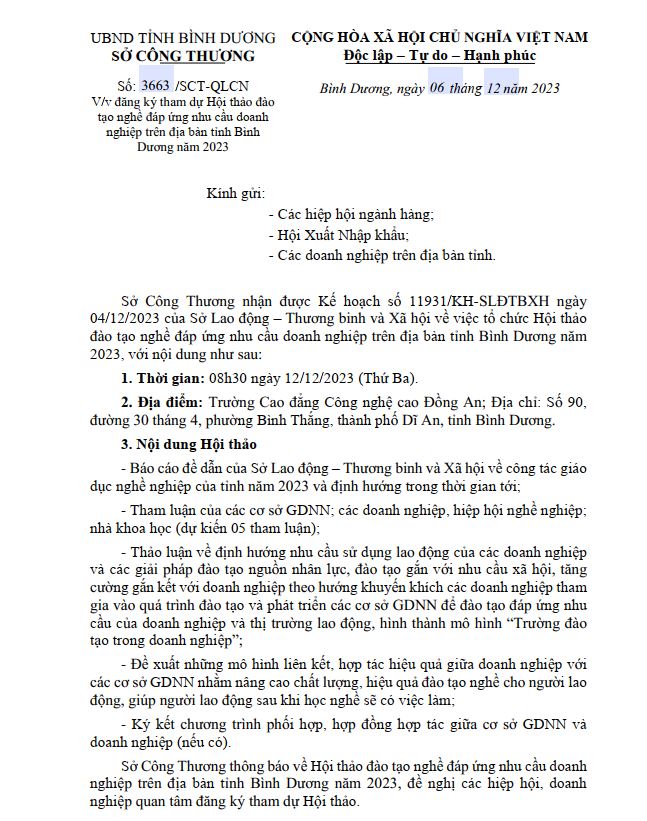 [HỖ TRỢ TRUYỀN THÔNG] THƯ MỜI THAM DỰ "HỘI THẢO ĐÀO TẠO NGHỀ ĐÁP ỨNG NHU CẦU DOANH NGHIỆP TRÊN ĐỊA BÀN TỈNH BÌNH DƯƠNG NĂM 2023"