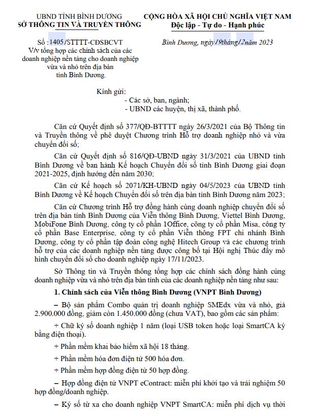 [TIN CHÍNH SÁCH] TỔNG HỢP CÁC CHÍNH SÁCH CỦA CÁC DOANH NGHIỆP NỀN TẢNG CHO DOANH NGHIỆP VỪA VÀ NHỎ TRÊN ĐỊA BÀN TỈNH BÌNH DƯƠNG