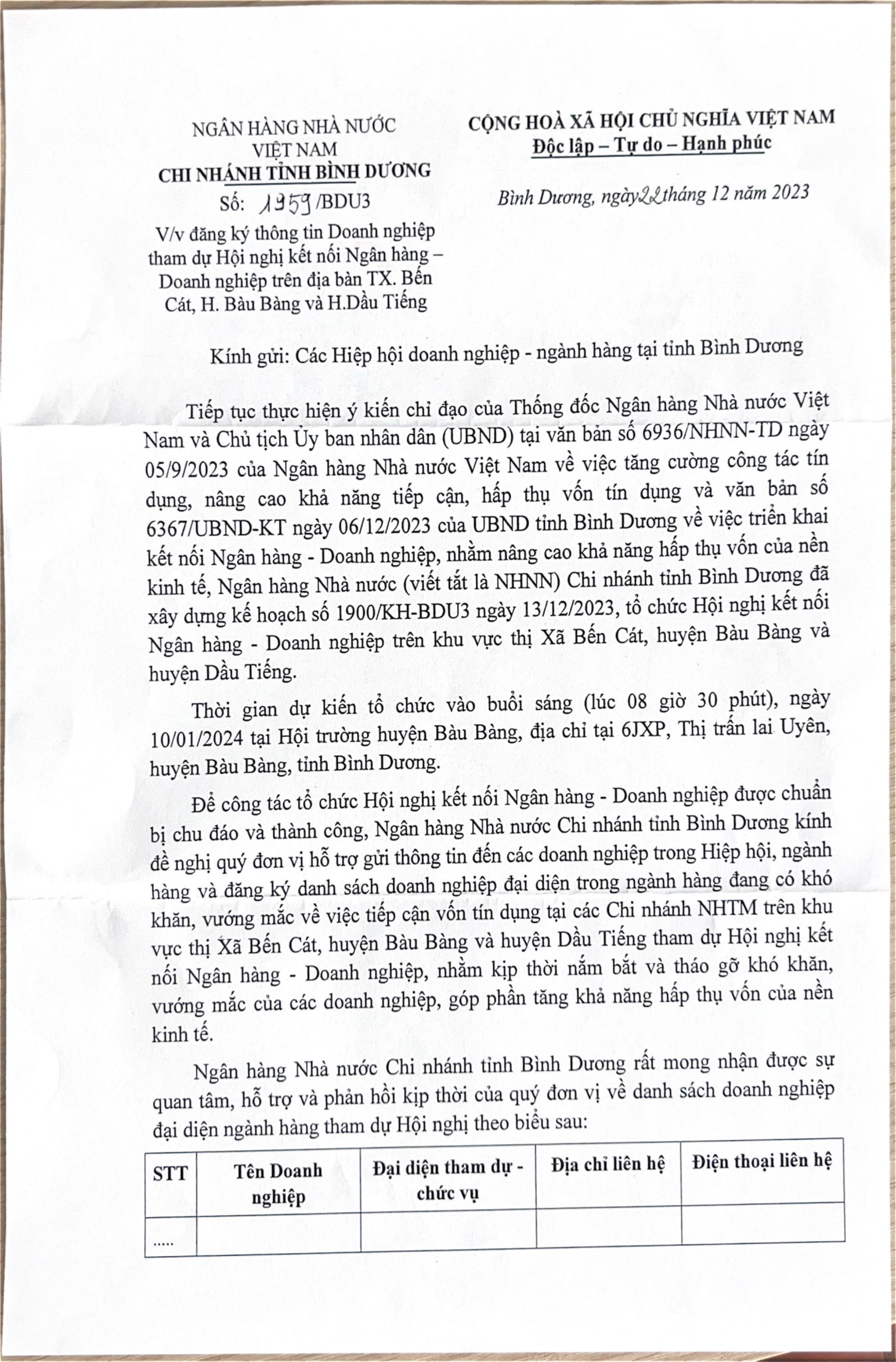 [HỖ TRỢ TRUYỀN THÔNG] THƯ MỜI THAM DỰ "HỘI NGHỊ KẾT NỐI NGÂN HÀNG - DOANH NGHIỆP TRÊN ĐỊA BÀN TX. BẾN CÁT, H. BÀU BÀNG VÀ H.DẦU TIẾNG"