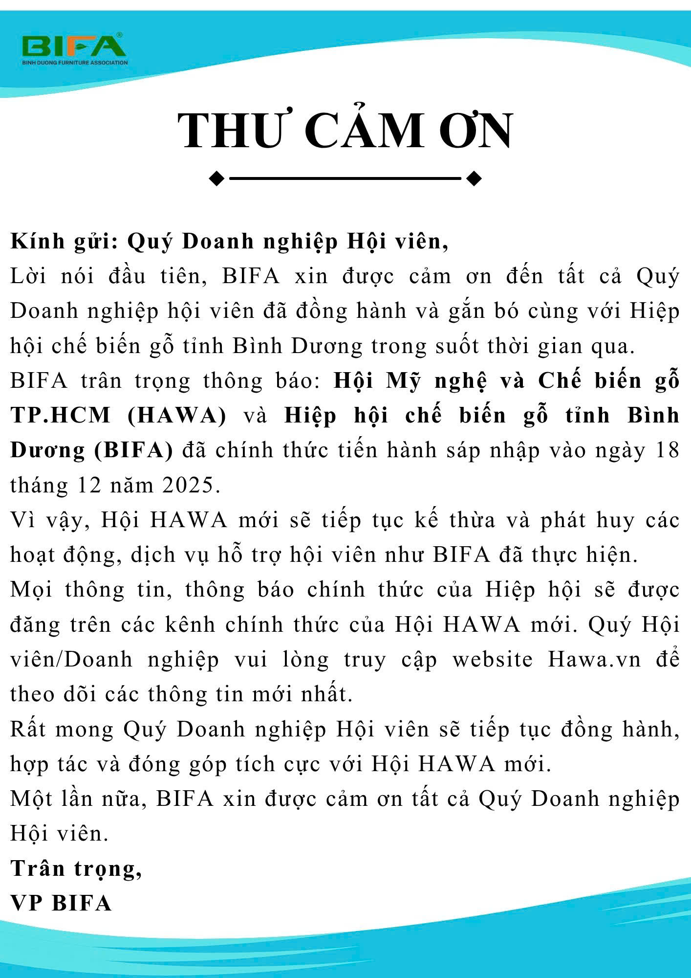THƯ CẢM ƠN DOANH NGHIỆP HỘI VIÊN BIFA